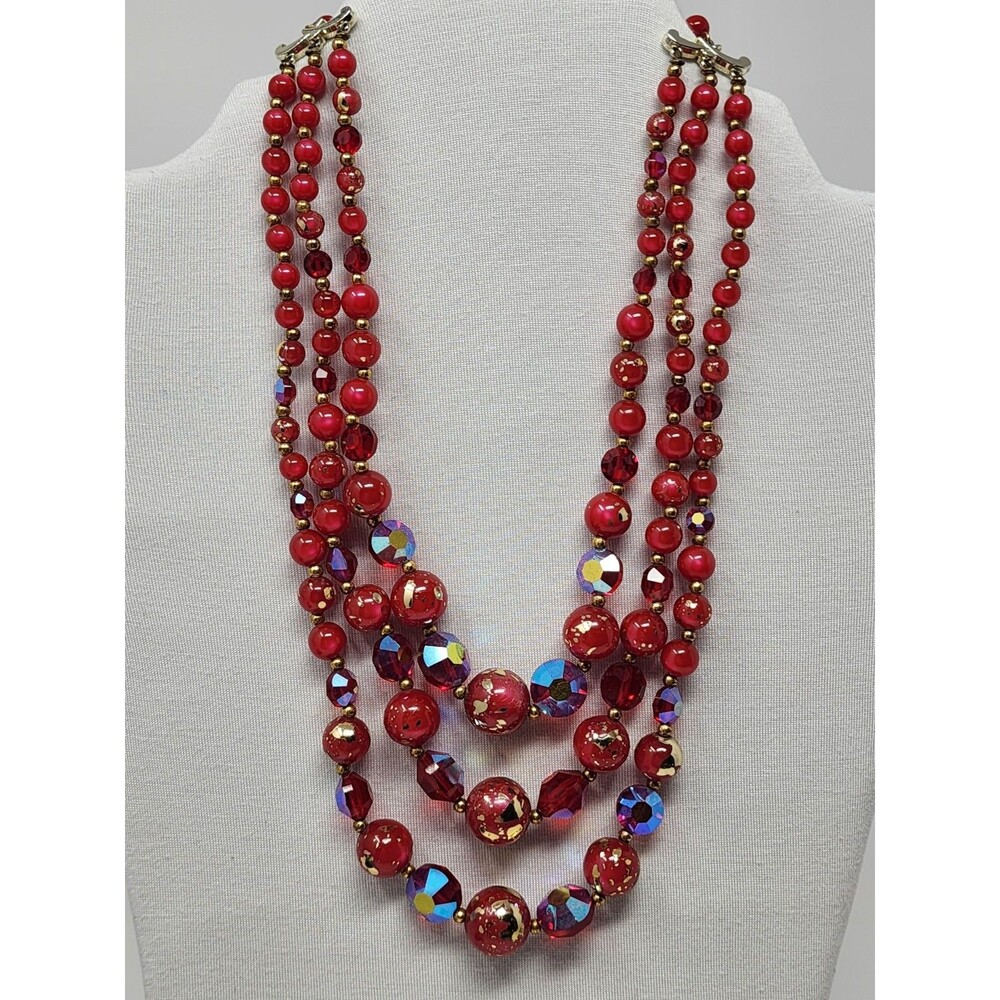 Vintage 70s Red Glass Bead Necklace 3 Strand AB Crystal Gold Fleck Statement 16"